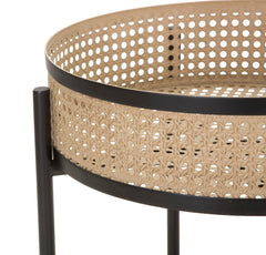 Mesa auxiliar de metal y paja vienesa con base negra