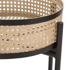 Mesa auxiliar de metal y paja vienesa con base negra