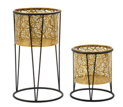 Porte-vase en métal doré feuilles socle noir ensemble 2 pcs