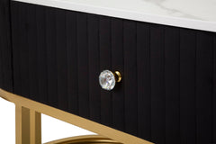 Meuble TV Montpellier avec tiroir Tissu matelassé Noir et Simili-marbre dessus Métal doré