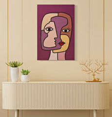 Impresión pintada sobre lienzo cubista, marco de madera, colores vivos