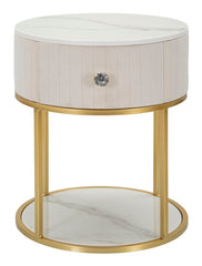 Mesita de noche redonda MONTPELLIER imitación mármol y tela acolchada Crema patas de metal dorado
