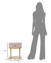 Mesita de noche redonda Montpellier imitación mármol y tela acolchada Rosa patas de metal dorado