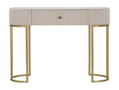 Consola rectangular Montpellier Tejido acolchado Crema tapa imitación mármol y estructura de metal dorado