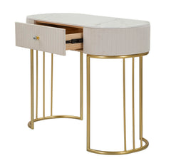 Consola rectangular Montpellier Tejido acolchado Crema tapa imitación mármol y estructura de metal dorado
