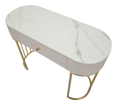 Consola rectangular Montpellier Tejido acolchado Crema tapa imitación mármol y estructura de metal dorado