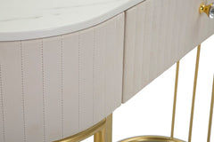 Consola rectangular Montpellier Tejido acolchado Crema tapa imitación mármol y estructura de metal dorado