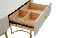 Consola rectangular Montpellier Tejido acolchado Crema tapa imitación mármol y estructura de metal dorado