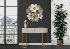 Consola rectangular Montpellier Tejido acolchado Crema tapa imitación mármol y estructura de metal dorado