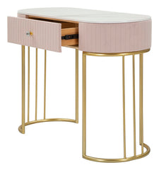 Consola rectangular Montpellier Tejido acolchado Rosa superficie imitación mármol estructura de metal dorado