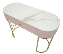 Consola rectangular Montpellier Tejido acolchado Rosa superficie imitación mármol estructura de metal dorado