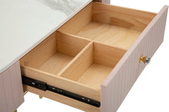 Consola rectangular Montpellier Tejido acolchado Rosa superficie imitación mármol estructura de metal dorado