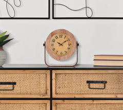 Reloj de mesa redondo de metal y madera natural
