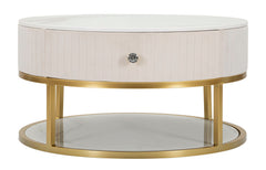 Mesa de centro redonda Montpellier de imitación mármol y tejido crema con estructura de metal dorado
