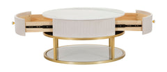 Mesa de centro redonda Montpellier de imitación mármol y tejido crema con estructura de metal dorado