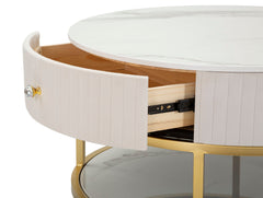 Mesa de centro redonda Montpellier de imitación mármol y tejido crema con estructura de metal dorado