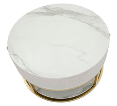 Mesa de centro redonda Montpellier de imitación mármol y tejido crema con estructura de metal dorado