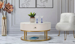 Mesa de centro redonda Montpellier de imitación mármol y tejido crema con estructura de metal dorado