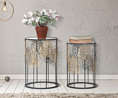 Mesa redonda Foglie estructura de metal negro tablero de cristal decoraciones doradas