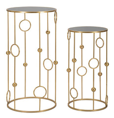Ensemble de tables rondes en métal doré avec plateau en verre miroir
