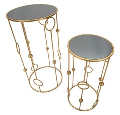 Ensemble de tables rondes en métal doré avec plateau en verre miroir