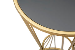 Mesa redonda de metal dorado con tablero de cristal de espejo