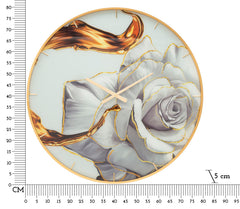 Reloj de pared redondo con esfera decorada con una rosa y marco dorado