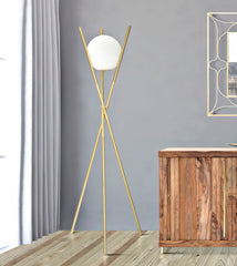 Lámpara de pie Glamy, metal dorado, esfera de cristal blanco