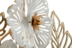 Panneau mural décoratif en métal doré et blanc fleurs et feuilles