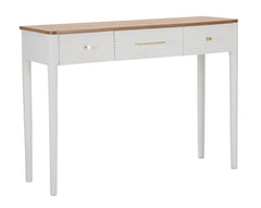 Console rectangulaire Matera Bois Blanc et plateau Marron, 3 tiroirs, poignées Dorées