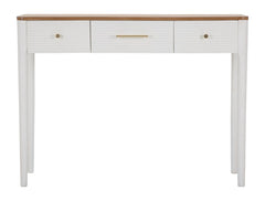 Console rectangulaire Matera Bois Blanc et plateau Marron, 3 tiroirs, poignées Dorées