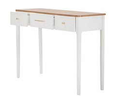 Console rectangulaire Matera Bois Blanc et plateau Marron, 3 tiroirs, poignées Dorées