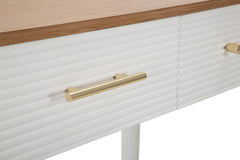 Console rectangulaire Matera Bois Blanc et plateau Marron, 3 tiroirs, poignées Dorées