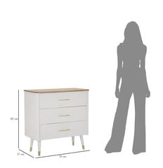 Cómoda de madera blanca con 3 cajones, tapa de madera marrón y patas de metal dorado