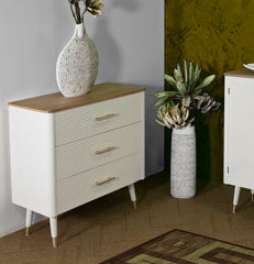 Cómoda de madera blanca con 3 cajones, tapa de madera marrón y patas de metal dorado