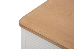 Cómoda de madera blanca con 3 cajones, tapa de madera marrón y patas de metal dorado
