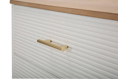 Cómoda de madera blanca con 3 cajones, tapa de madera marrón y patas de metal dorado