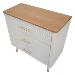 Cómoda de madera blanca con 3 cajones, tapa de madera marrón y patas de metal dorado