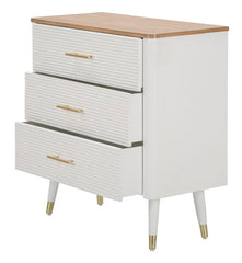 Cómoda de madera blanca con 3 cajones, tapa de madera marrón y patas de metal dorado