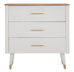 Cómoda de madera blanca con 3 cajones, tapa de madera marrón y patas de metal dorado
