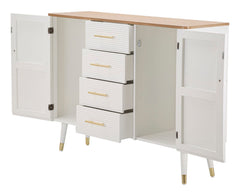 Armoire Matera bois blanc avec plateau bois brun et pieds métal doré