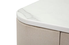 Consola con 2 cajones de tela blanca, encimera de mármol y patas doradas