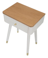 Mesa de noche MATERA Madera Blanca y tapa de Madera Marrón patas de Metal Dorado