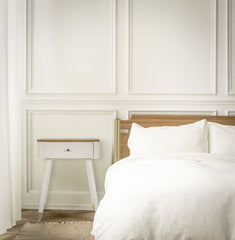 Mesa de noche MATERA Madera Blanca y tapa de Madera Marrón patas de Metal Dorado