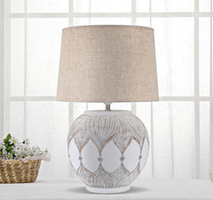 Lámpara de mesa redonda Atenas Resina Blanca pantalla Tejido Beige