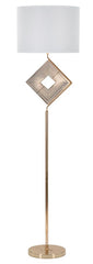 Lámpara de pie decorativa Move de metal dorado con pantalla de tela blanca y borde dorado