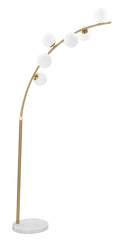Lámpara de pie arqueada Glamy Metal Dorado base Mármol 6 Esferas Cristal Blanco