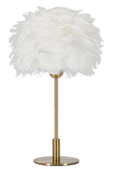 Lámpara de mesa de metal dorado con pantalla de plumas blancas