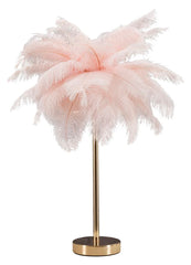 Lámpara de mesa Palm de metal dorado con pantalla de plumas rosas