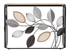 Console rectangulaire en métal noir et bois brun avec feuilles décoratives